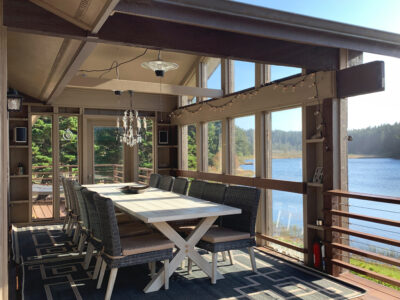 Covered porch for dining with view of lake